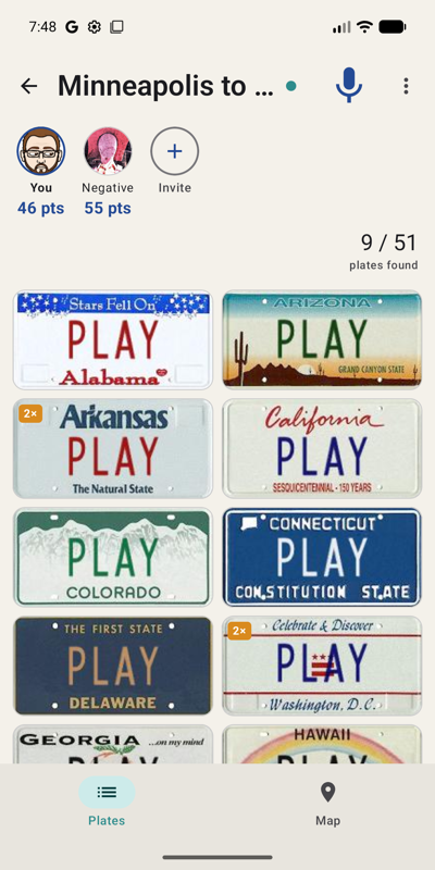 The Plates board, a grid of state licence plates with found plates highlighted