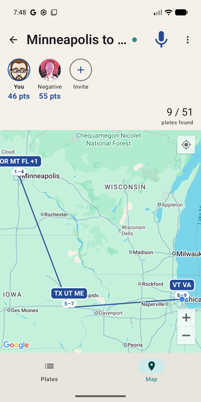 A map showing markers where each plate was spotted, joined into a trail